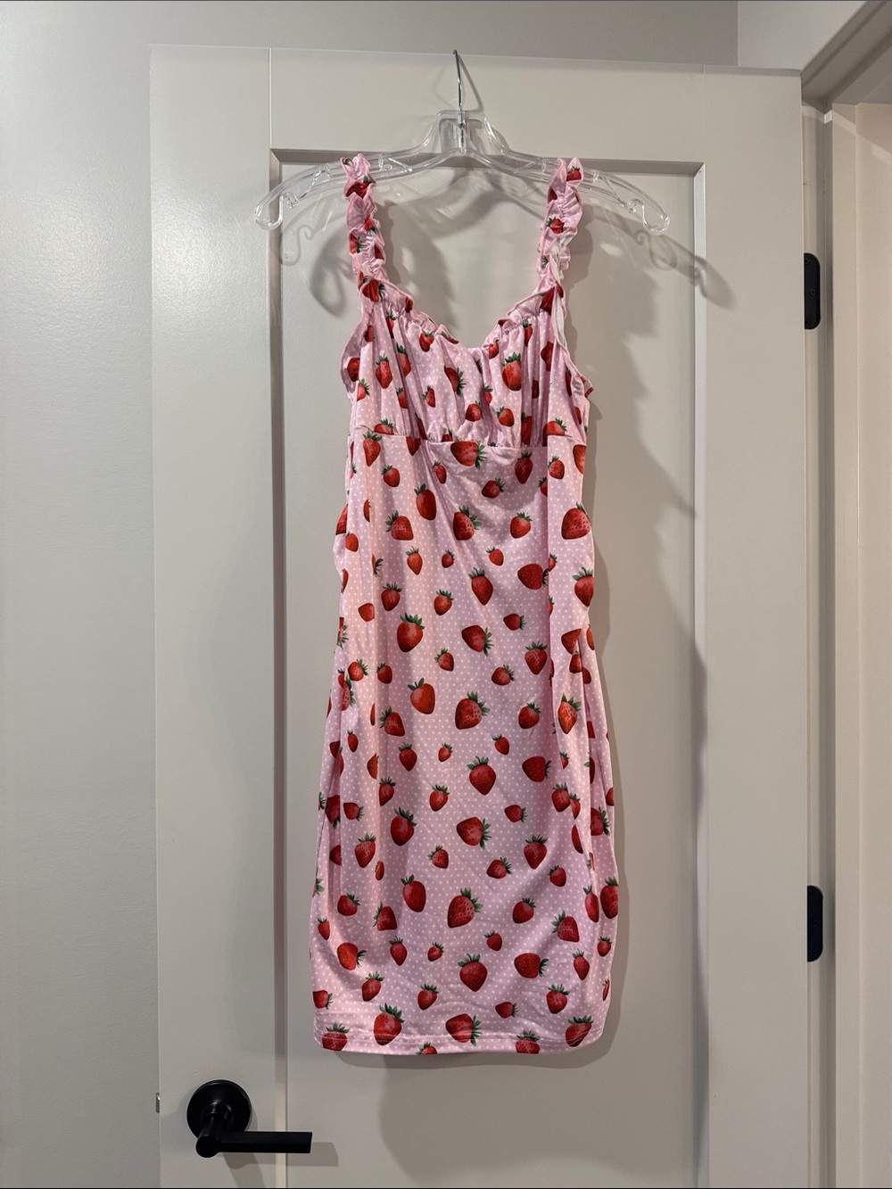 SHEIN Pink Strawberry Print Mini Dress with Ruffle Straps (Maternity)